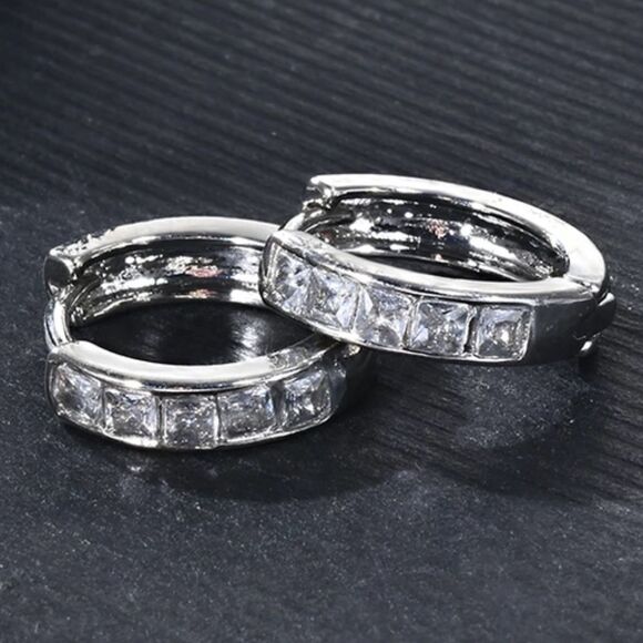 Silver Channel Set Princess Cut Crystals Small Hoop Earrings NEW - Picture 2 of 4